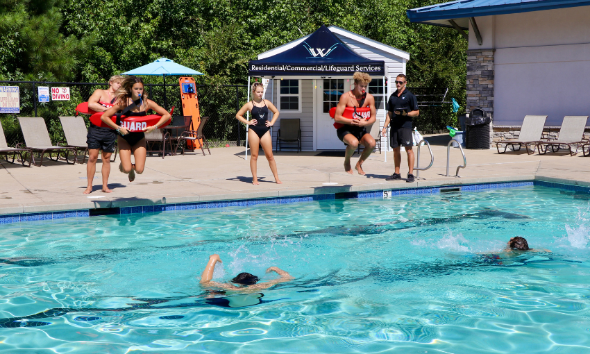 Wake Aquatic Partners Lifeguard and Pool Management in Raleigh & Charlotte North Carolina. Picture of Lifeguards at pool doing training drills. Rolesville, NC